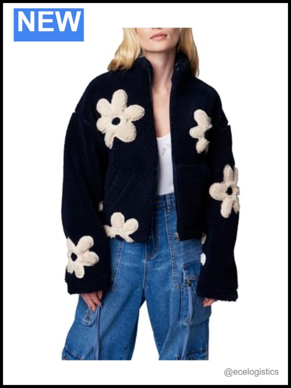 Womens Sherpa Jacket Floral Patch Detail Cropped Coat